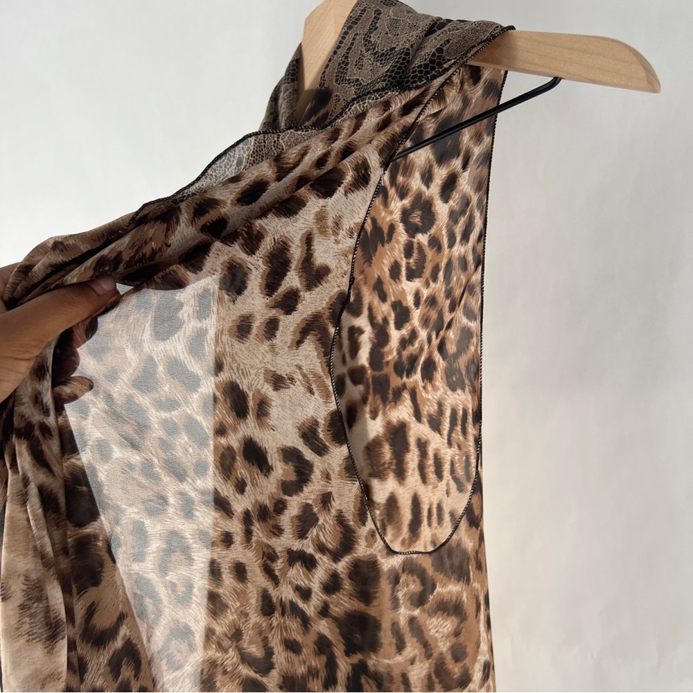 Sheer Chiffon Leopard Print Sleeveless Draped Open Front Topper Layering Piece - Picture 7 of 13